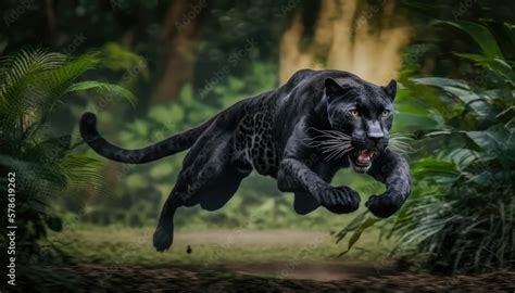 Angry panther in the jungle during a jump while hunting its prey. Generative AI Stock ...