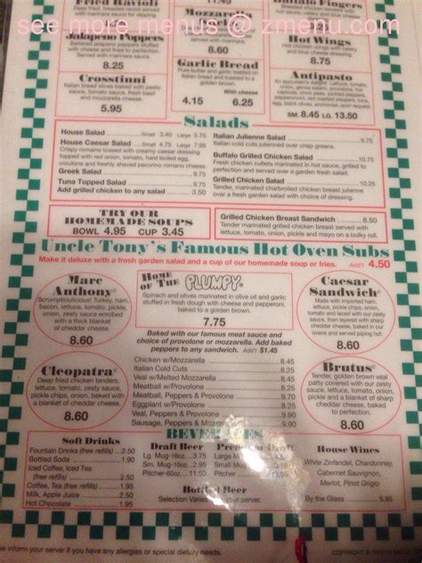 Menu at Uncle Tony's Pizza & Pasta pizzeria, East Providence, 260 Newport Ave