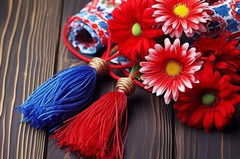 Premium Photo | A martisor of flowers with wool pompoms on a rustic wooden background