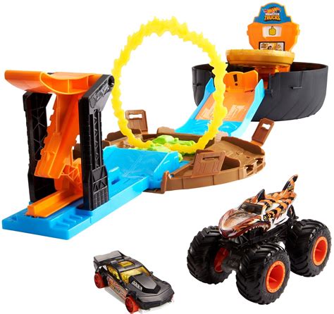 Hot Wheels Monster Trucks Stunt Tire Play Set Opens To Reveal Arena With Launcher For 2 Hot ...