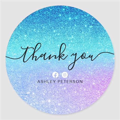 Thank you typography mermaid glitter blue purple classic round sticker ...