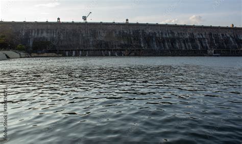 Beautiful view of the majestic Krishna Raja Sagara dam in Mysore, Karnataka, India. The lake of ...