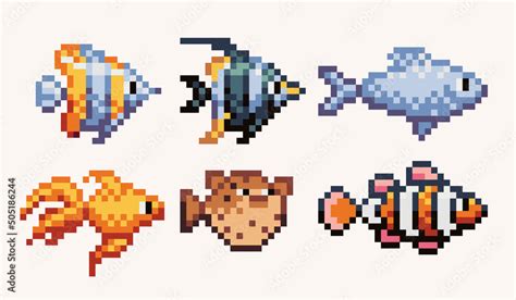 Tropical, exotic fishes pixel art set. Different underwater colorful creatures collection. 8 bit ...