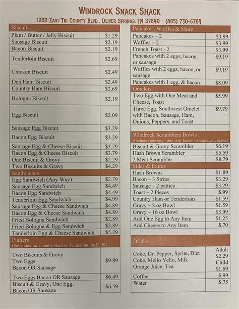 Menu at Windrock Snack Shack restaurant, Oliver Springs