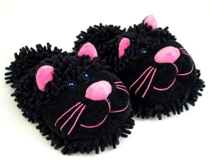 Fuzzy Black Cat Slippers | Black & Pink Cat Slippers