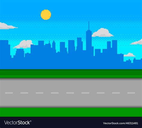 Pixel art game road with city on background Vector Image