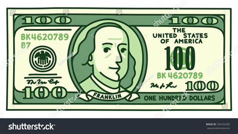 Cartoon hand drawn 100 dollar bill with stylized Franklin portrait. Play money or fake banknote ...