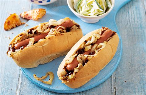 Honey-mustard hot dogs with apple slaw and paprika wedges | Tesco Real Food