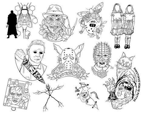 various halloween masks drawn in black and white