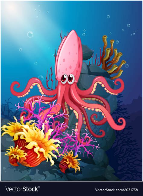 A big squid under the sea with corals Royalty Free Vector