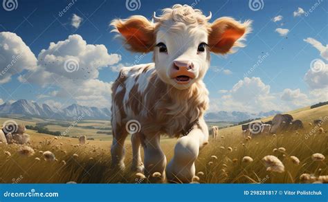 Spotted Cow Calf in the Field Smiling - Children S Illustration 2 Stock ...