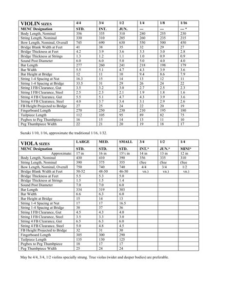 Violin and Viola Sizes Chart Download Printable PDF | Templateroller