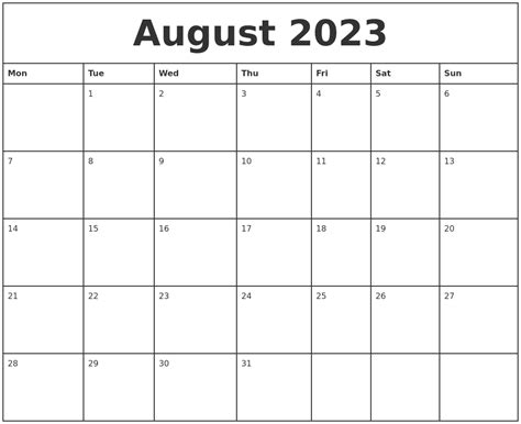 August 2023 Printable Monthly Calendar