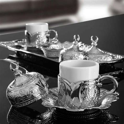 Silver Turkish Coffee Set For Two Person Tulip Design | KocGifts