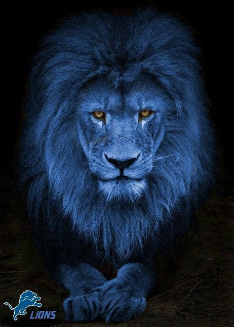 a blue lion sitting in the dark looking at the camera