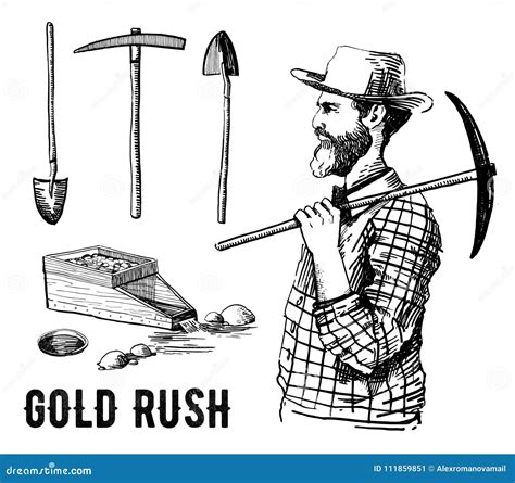 California Gold Rush Vector Hand Drawn Set with Miner and Tools Stock Vector - Illustration of ...