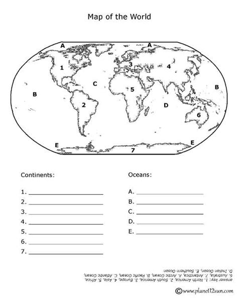 Continents And Oceans Worksheet For Kids