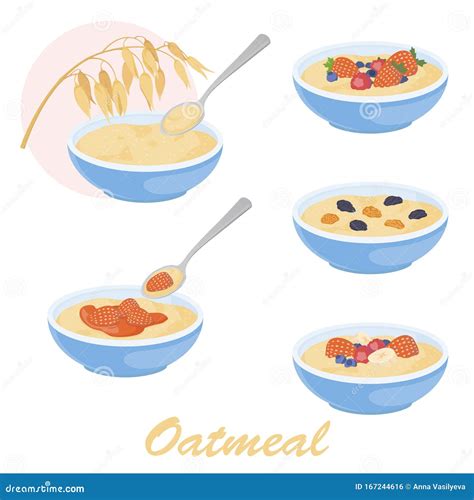 Oatmeal Porridge Illustration Set with Different Toppings Stock Vector - Illustration of dried ...