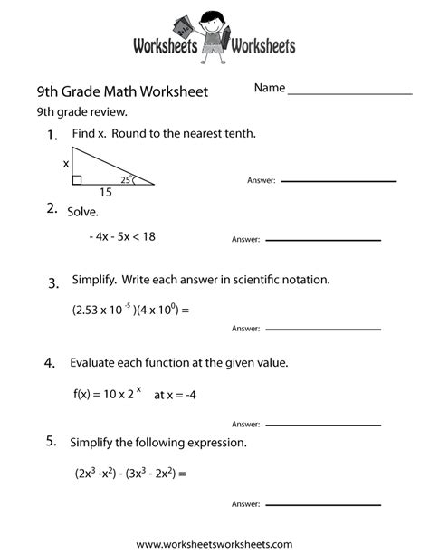 Free Printable 9th Grade Math Review Worksheet