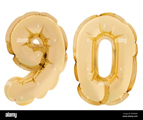 Number 90, ninety, gold colour helium balloons isolated on white ...