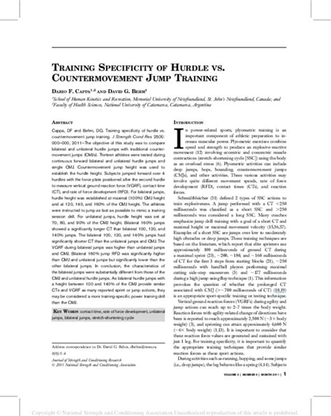 (PDF) Training Specificity of Hurdle vs. Countermovement Jump Training | David G Behm - Academia.edu