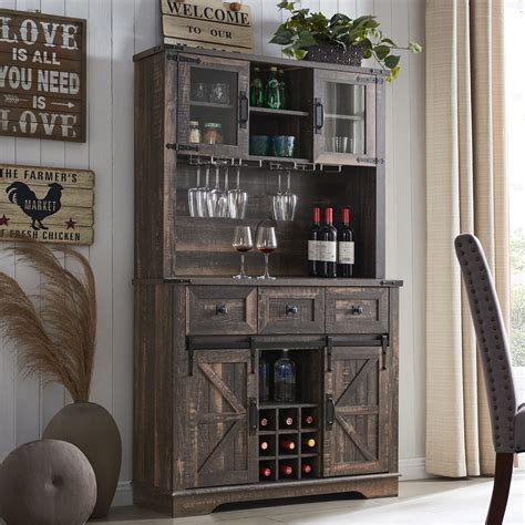 Buy Farmhouse Bar Cabinet with Sliding Barn Door, Kitchen Hutch Storage Cabinet with Wine and ...