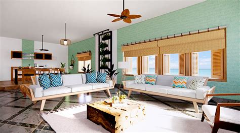 Tropical Living Room with Caribbean Green Textured Wall