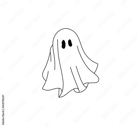 Vector isolated cute cartoon ghost under the sheet contour line drawing ...