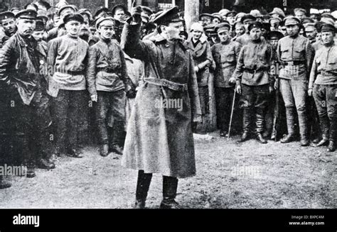 LEON TROTSKY (1879-1940) as Commissar for War makes a rallying speech to his Red Army soldiers ...