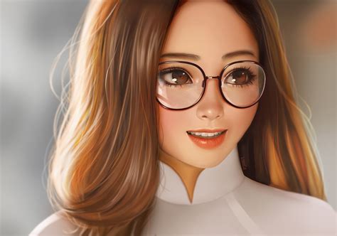 Download Glasses Brown Hair Smile Glass Asian Face Woman Artistic HD Wallpaper by YellowLemonCat