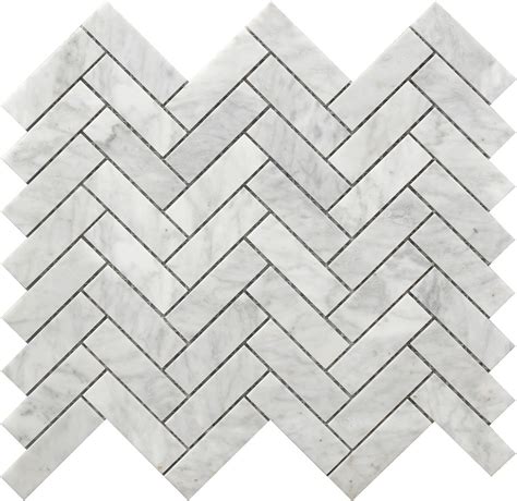 12x12 White Herringbone Pattern Marble Mosaic Tile Roca Tile