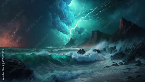 Dramatic ocean storm background. Waves and lightning on night sky wallpaper. Generative AI ...