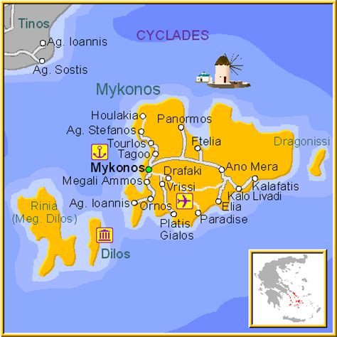 Detailed map of Mykonos, Greece