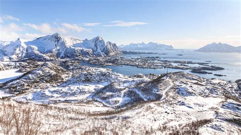 houses, mountains, fog, rainbow, lofoten, norway, 4k HD Wallpaper