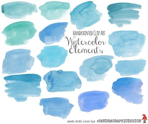 Clip Art Set: watercolor Strokes With 16 Paint Smutches in Blue, Clipart, 300 Dpi PNG Files 5089 ...