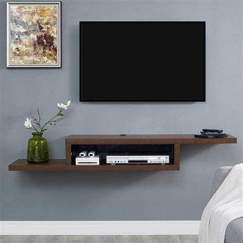 Floating Asymmetrical TV Console Shelf Dark Brown Walnut Shelves | Interior Design Ideas