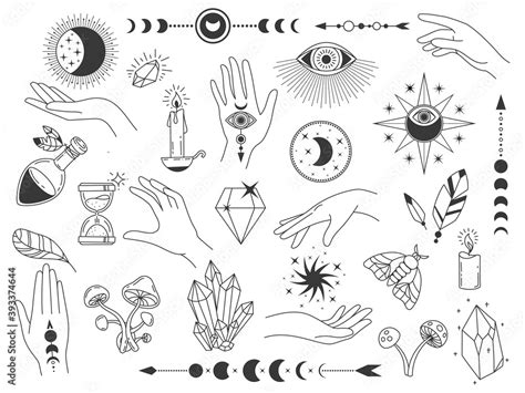 Boho mystic elements. Witch magic vintage logos with crystals, hands, moon and eyes. Outline ...