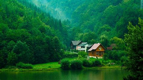 HD wallpaper: house, mountains, forest, lake, pine forest | Wallpaper Flare