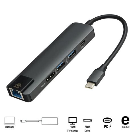 5 in 1 USB Type C Hub Hdmi PD USB C Hub To Ethernet Gigabit Rj45 Lan ...