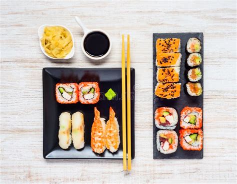 Different Sushi Types with Soy Sauce and Gari Stock Image - Image of types, smoked: 79216943