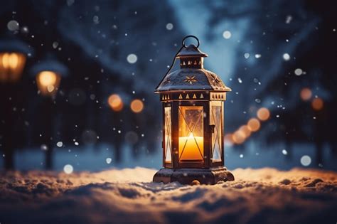 Premium AI Image | Burning Glowing lantern in winter snow Beautiful winter background