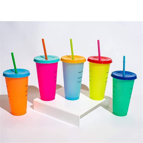 5 pack Bright Color Changing Cold Cups. 24 oz Reusable Cups with Lids & Straws, Party Plastic ...