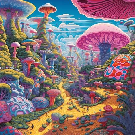 Premium AI Image | A colorful painting of a forest with a mushroom and a forest of mushrooms.