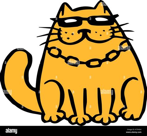 Orange cat in black glasses and chain. Funny cartoon cool character. Contour freehand digital ...