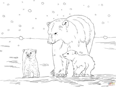 Polar Bear Mother with Two Cubs Coloring Online | Super Coloring