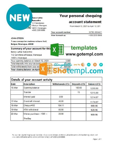 Nicaragua Banco Lafise Bancentro bank statement template, Excel and PDF format (.xls and .pdf)