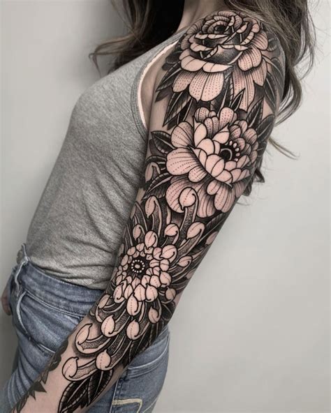 Black And Grey Flower Sleeve Tattoos