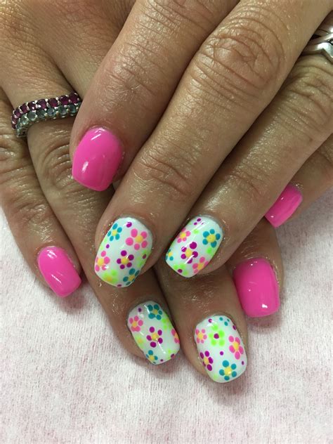 Bright Pink and dotted flowers summer Gel Nails | Pink nail art designs, Bright gel nails, Nail ...