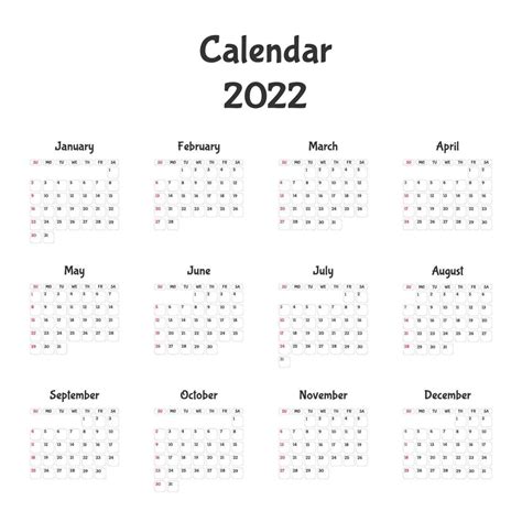 Calendar for 2022. The week starts on Sunday. All months. Calendar template design. Vector ...