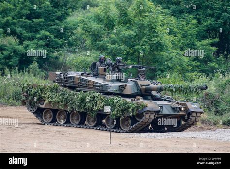 June 18, 2020-Paju, South Korea-South Korean k1a1 tank camouflage with take part in an drill ...